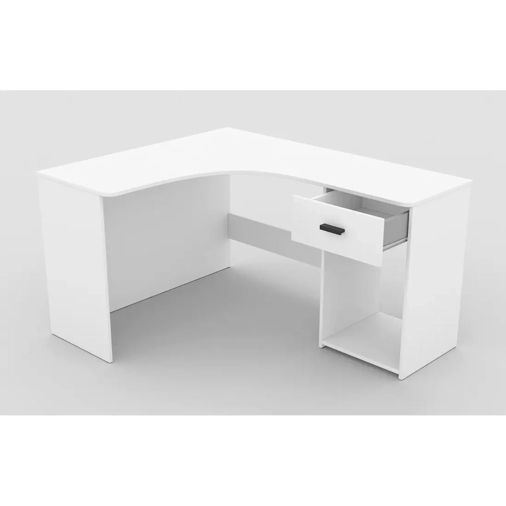 Scrivania ad angolo LOUANE - Bianco opaco - Design moderno con cassettiera e vano portaoggetti