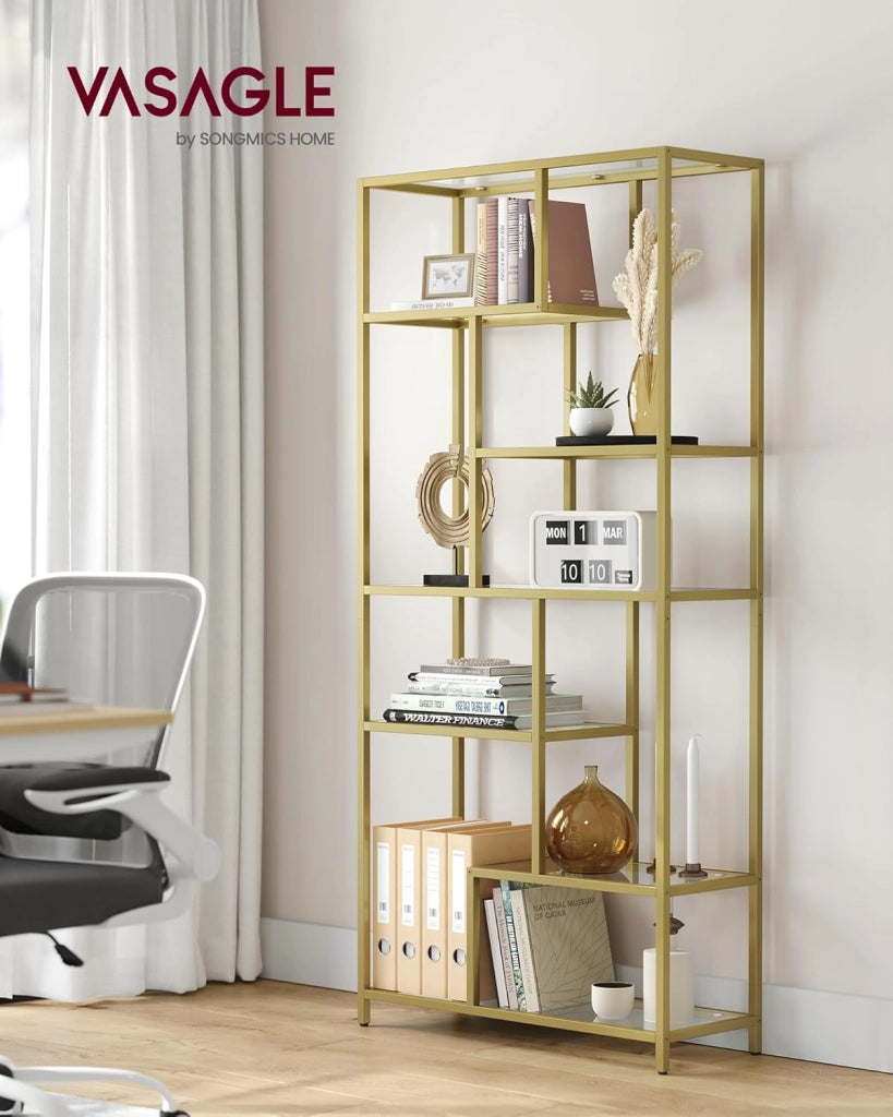 VASAGLE Libreria Scaffale, Libreria Verticale a 6 Ripiani, Porta Piante, 30 x 80 x 180 cm, Vetro Temperato, Studio Soggiorno Camera da Letto Cucina, Oro Metallico LGT502A01