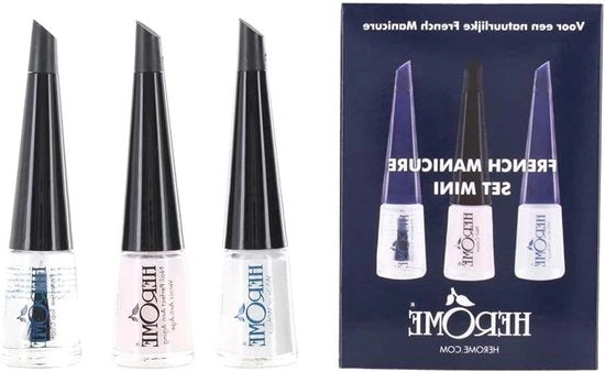 Set di manicure a tre passaggi miniatura – 3-step set di manicure da viaggio con lacca rosa bordo bianco e smalto top – 3 x 3 ml