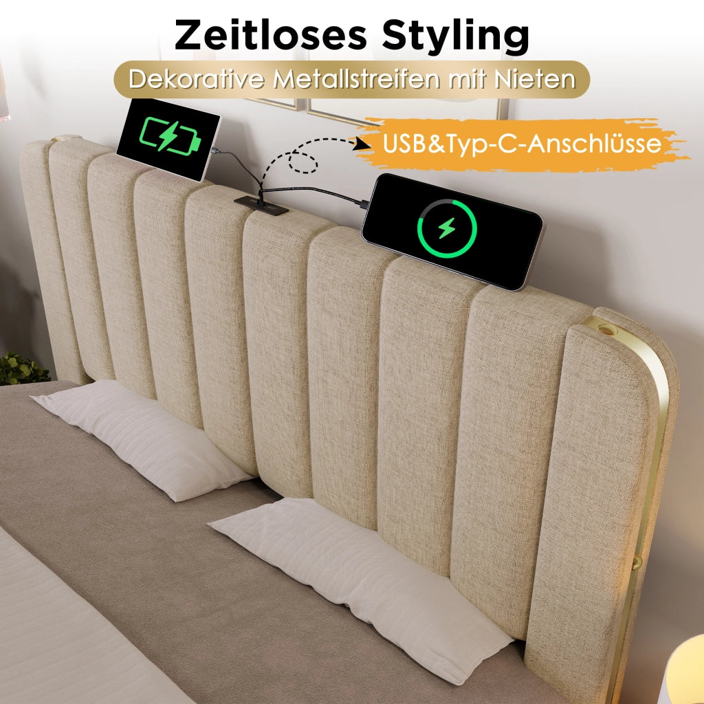 Letto matrimoniale 140×200 cm con 4 cassetti; USB e Type-C; materasso incluso; lino beige