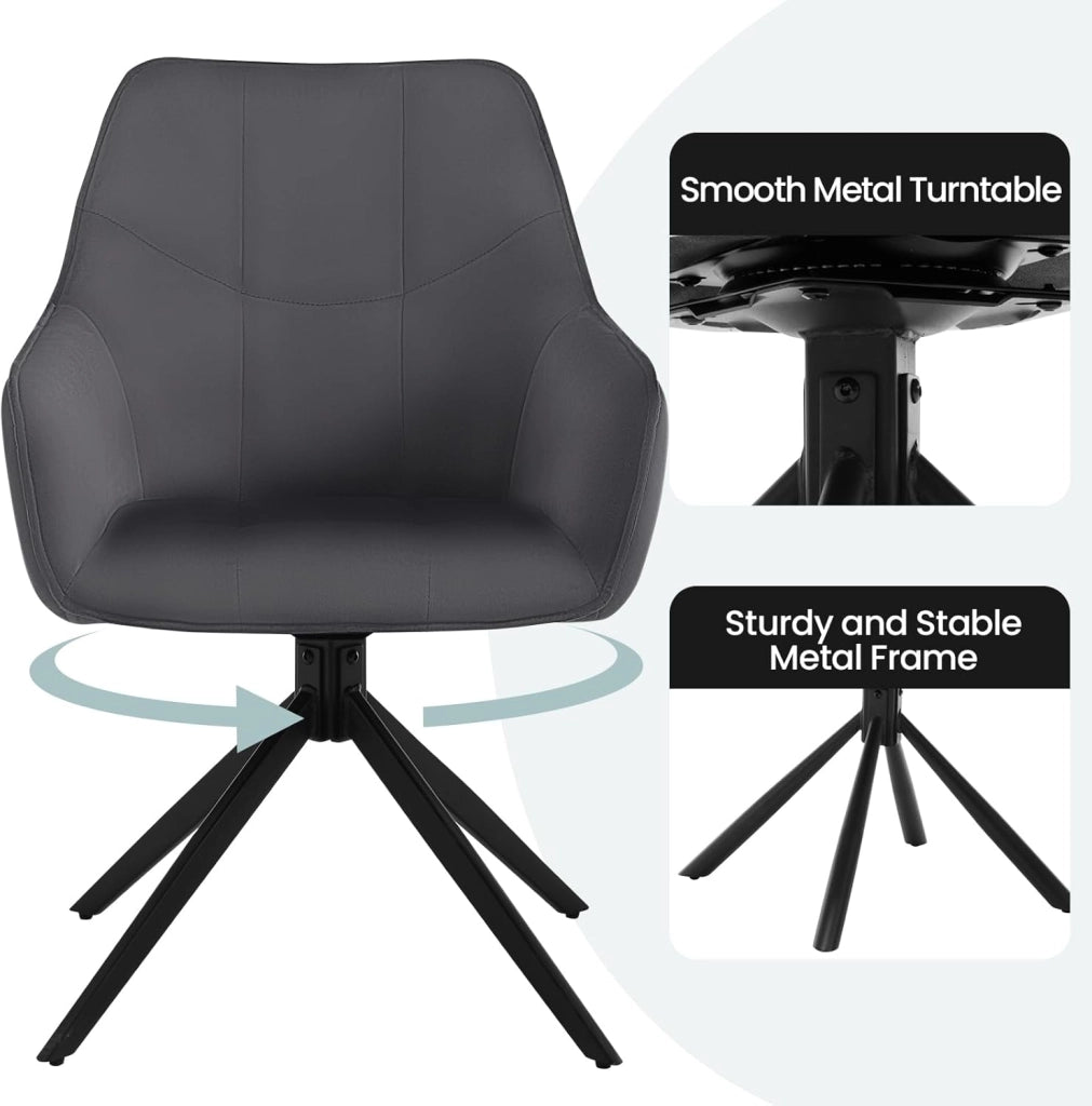 Sedia da Pranzo con Braccioli, Poltroncina con Gambe in Metallo, Sedia da Cucina con Schienale e Seduta Girevole, per Salotto, Studio, in Velluto, Grigio Scuro, EZS09dgr-1