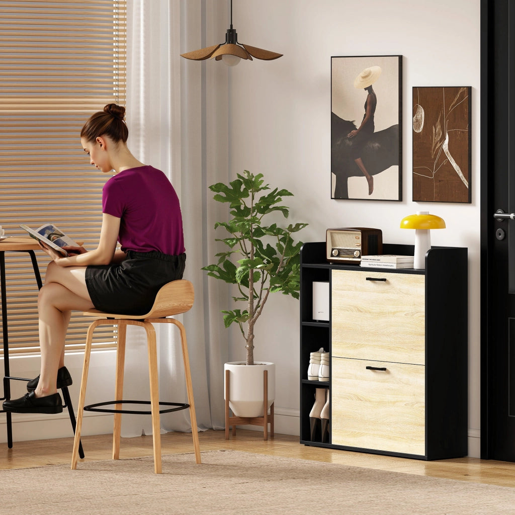 Scarpiera Slim 83x24x90.5 cm per 15 Scarpe con 2 Cassetti Ribaltabili e 3 Vani Aperti Nero