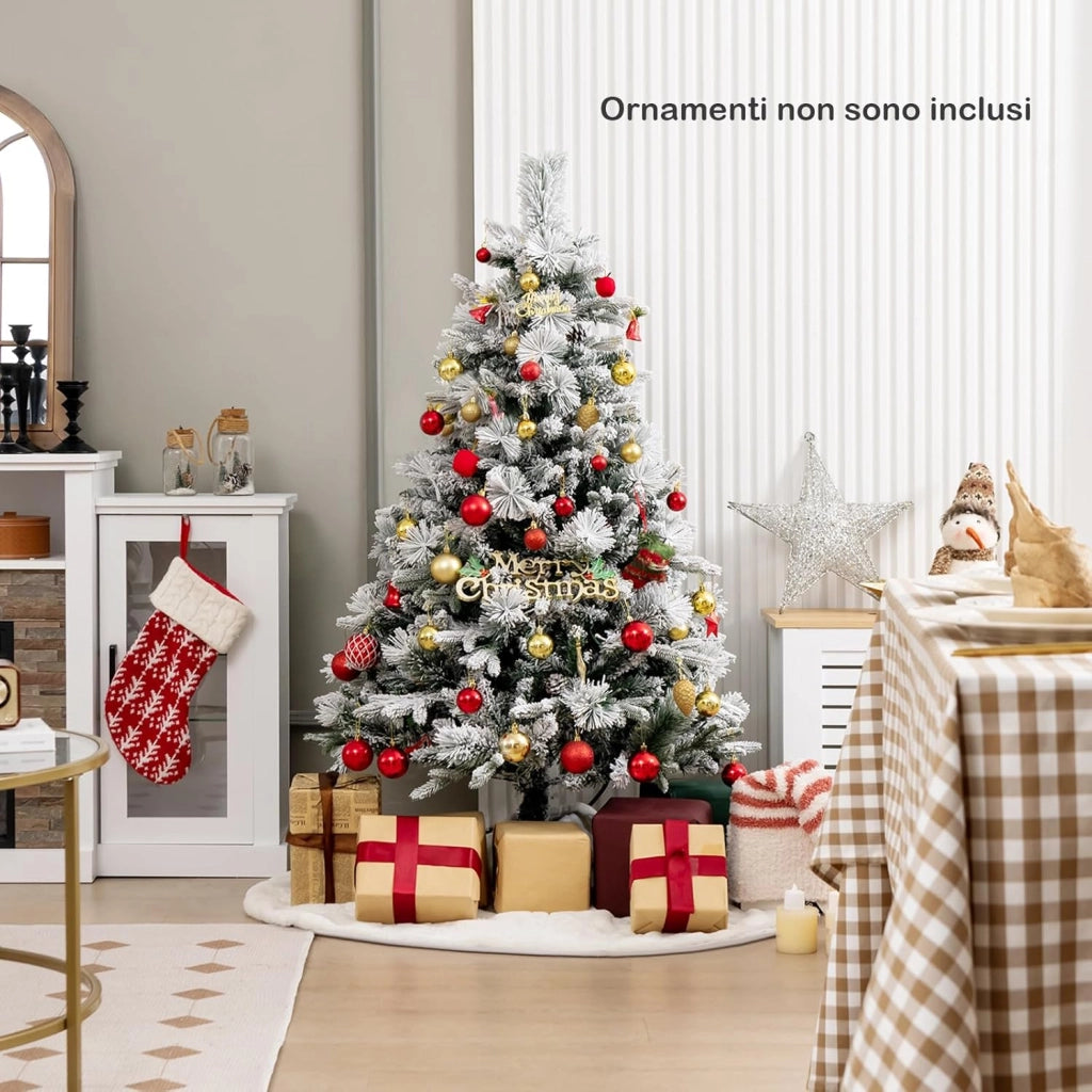 Albero di Natale Innevato 136/180/210 cm, Albero di Natale con 160/240/320 Luci LED, 472/850/1270 Rami di PE e PVC, 26/34/40 Pigne, Aghi di Pino e 8 Modalità di Illuminazione (136 CM)