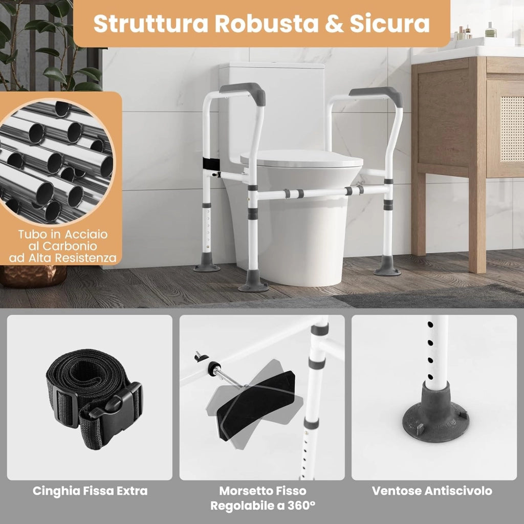 Supporto di Sicurezza Telaio Autonomo per WC, Supporto per WC Regolabile in Altezza e Larghezza con Cinghia di Fissaggio, Con Ventose Antiscivolo (Grigio)