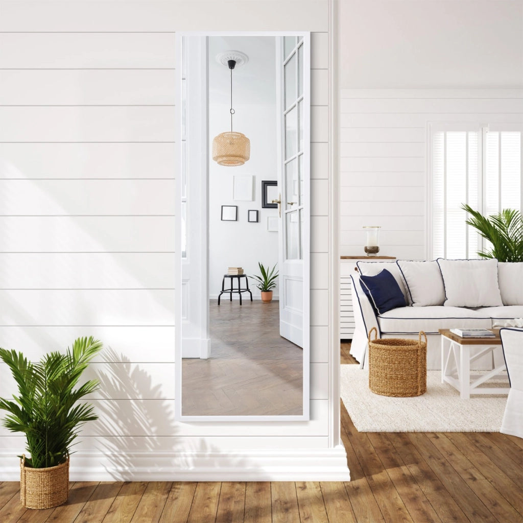 Specchio a figura intera per muro o porta con struttura in ferro, Specchio con 2 set di ganci regolabili Bianco-Specchi da parete