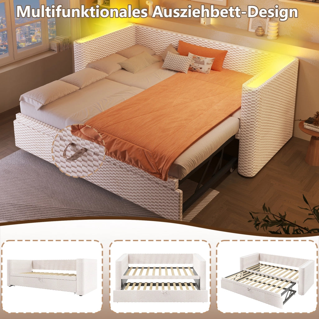 Letto salvaspazio matrimoniale 90×200 cm e 180×200 cm con LED; MDF e velluto; senza materasso; beige