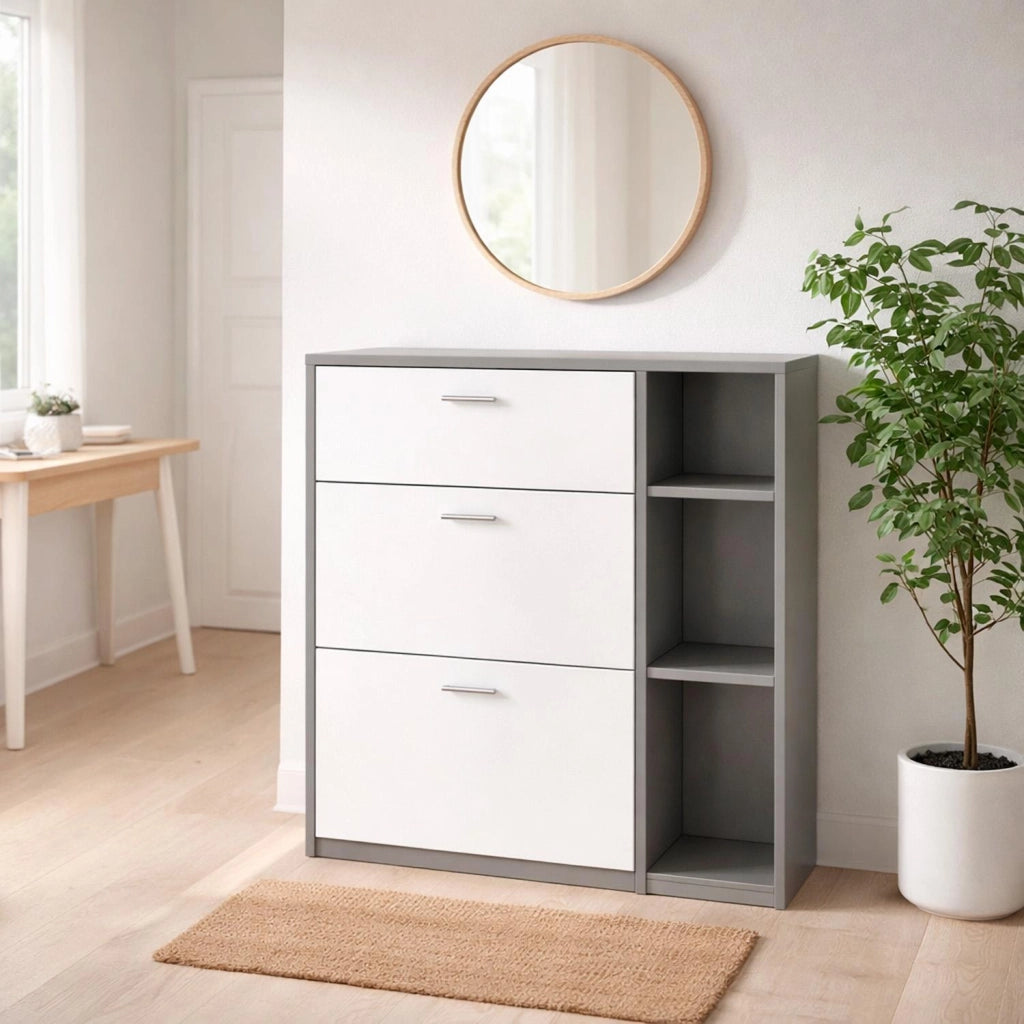 Mobile Portascarpe Scarpiera Salvaspazio Con 2 Ribalte Doppia Profondità 1 Cassetto E 3 Vani A Giorno Design Moderno Per Ingresso Corridoio Sala 90 X 101.5 X 26 Cm Bianco E Grafite