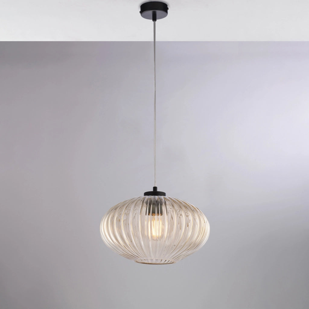 Sospensione 1 Luce Ginger In Ferro Nero E Vetro Ambra Plisse&apos