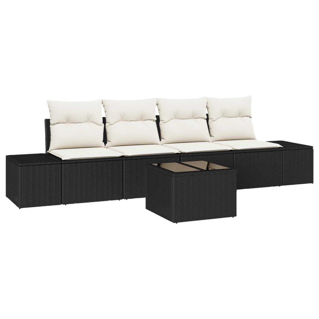 Set Divano da Giardino a 5 Pezzi con Cuscini Nero Polyrattan