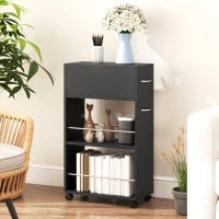 Carrello da Cucina con 2 Ripiani Aperti, Cassetto e Parapetti, Legno e Acciaio Inox, 25x50x85 cm, Nero