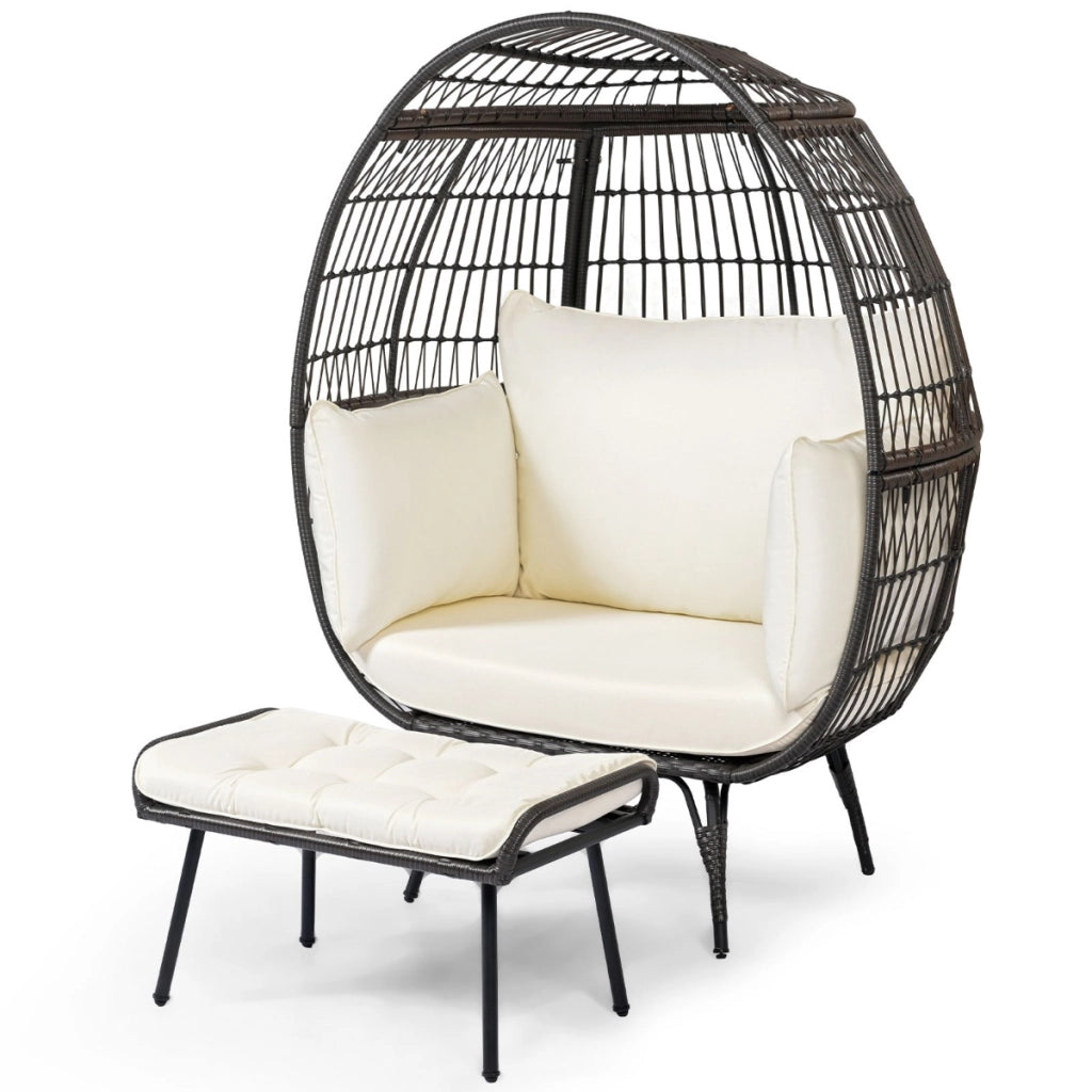 Poltrona uovo in rattan set da 2 pezzi di a cestino in rattan patio con cuscini morbidi, Poltrona a uovo con poggiapiedi  scuro-Poltrone e sdraio