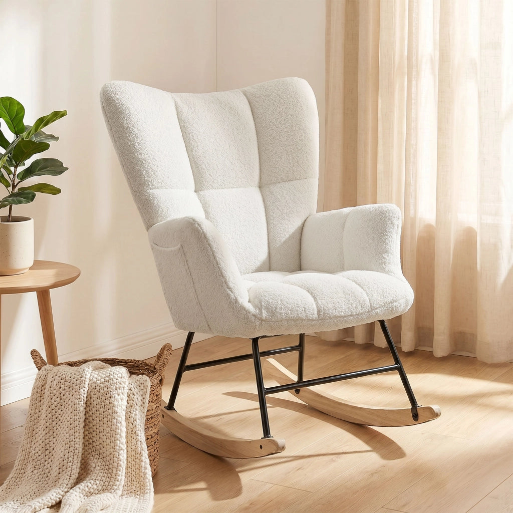 Fauteuil à Bascule, Assise Rembourrée, Poches Latérales, Crème