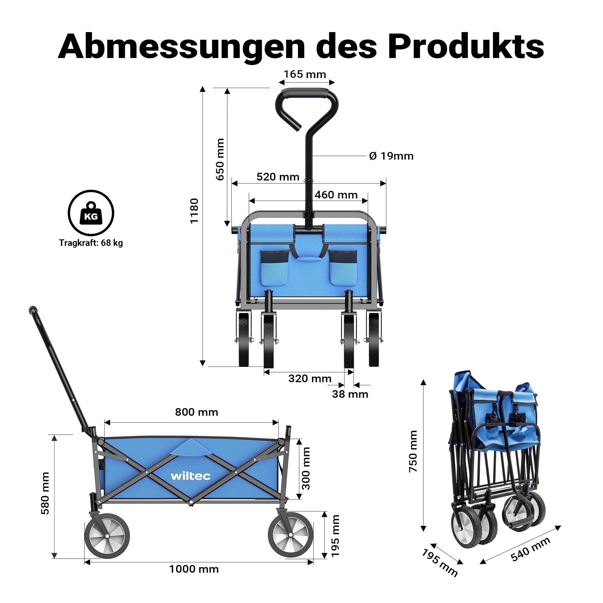 Carretto a mano pieghevole, max 68 kg, tessuto impermeabile blu, Carrello