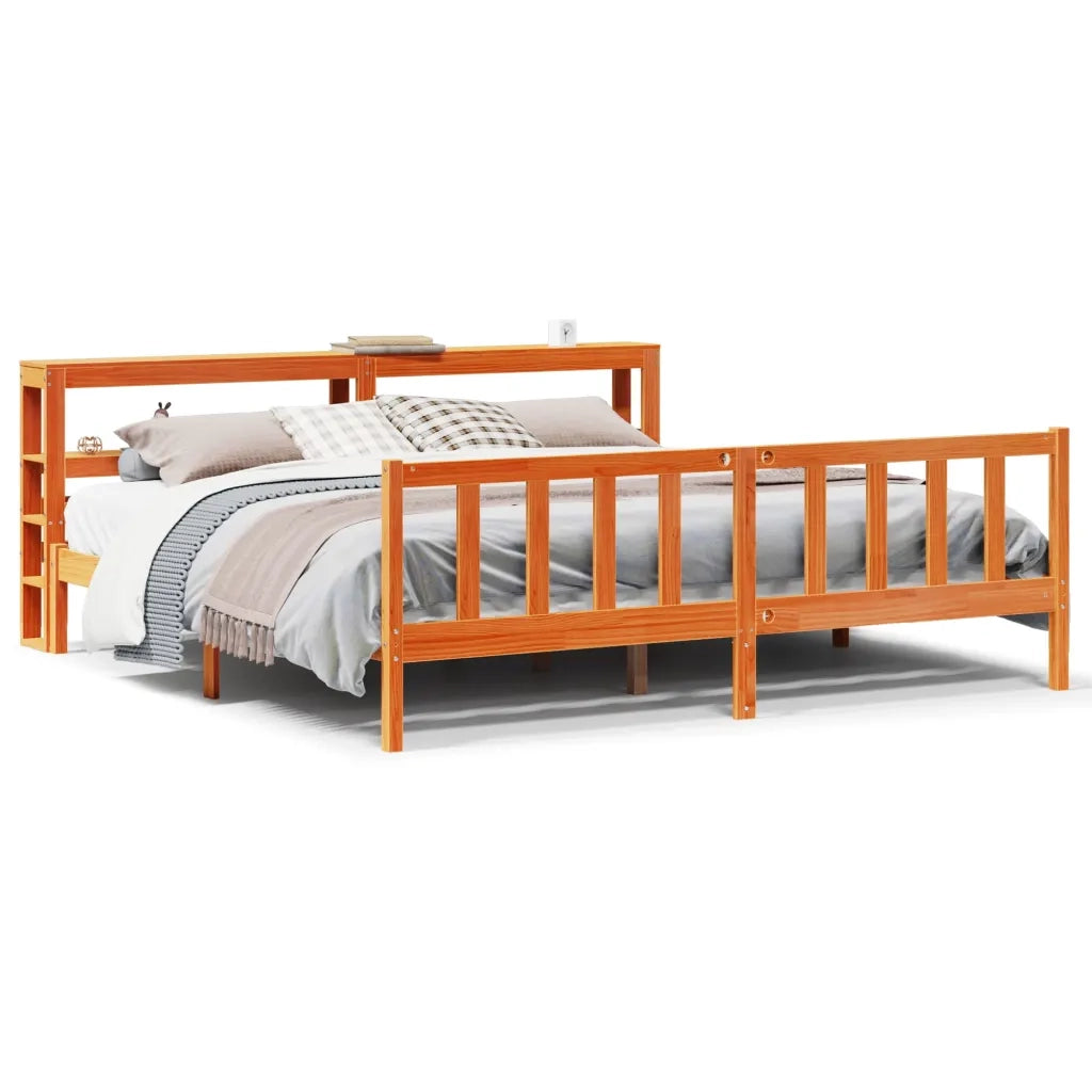 Giroletto con Testiera-Struttura Letto con testiera Marrone Cera 200x200 cm Massello Pino 442190