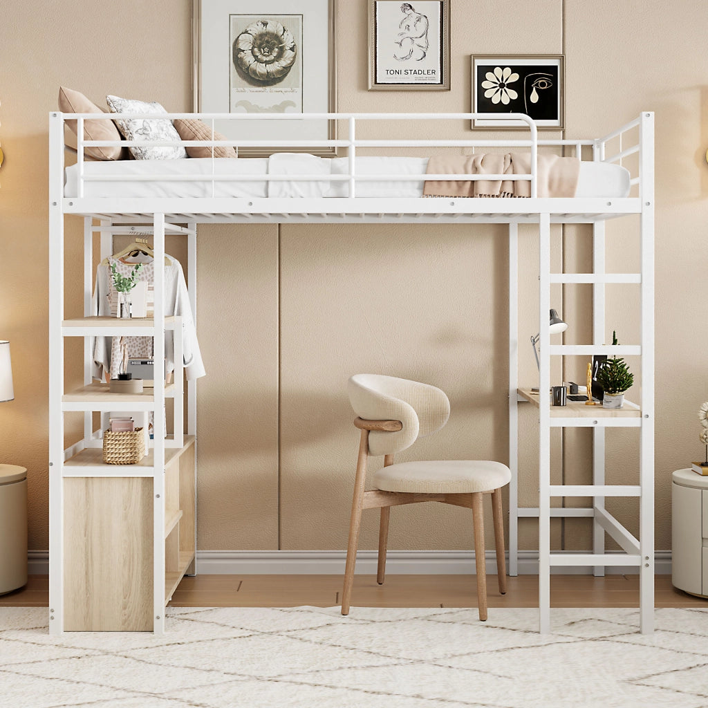 Letto a castello bianco con scrivania funzione presa usb scaffali in metallo 90x200 cm