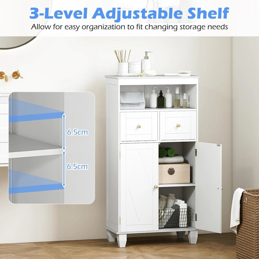 Armadietto da bagno da 108 cm, autoportante con 2 cassetti, ripiano regolabile e ripiano aperto, 56 x 30 cm, per lavanderia e ingresso (bianco)