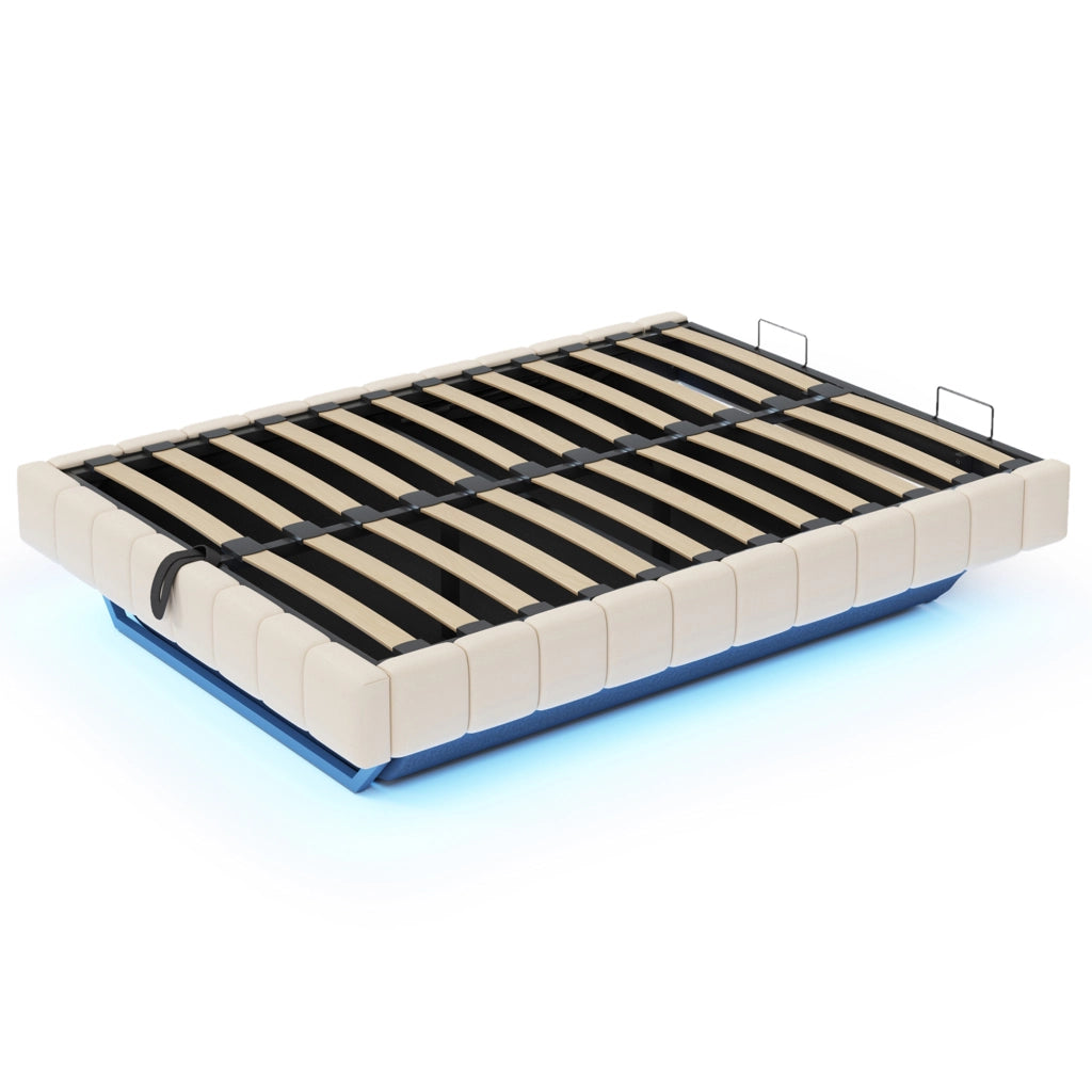 Letti contenitori 160x200 cm; sollevabile con LED; senza testiera; lino beige