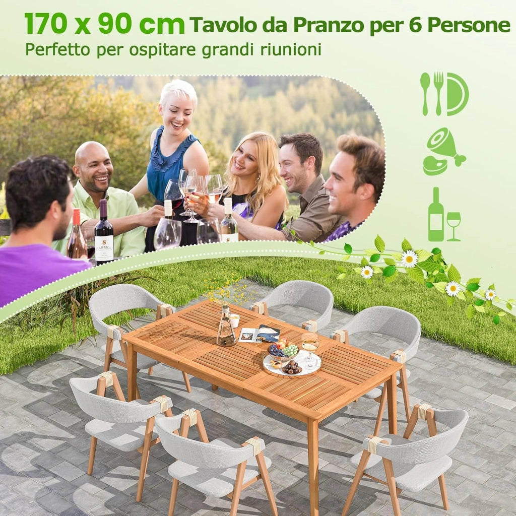 Tavolo Pranzo da Esterno 170 cm, con Foro per Ombrellone 5 cm, Tavolo Giardino in Legno Acacia a 6 Posti, per Giardino Patio, Portata 160 kg, 170 x 90 x 75,5 cm