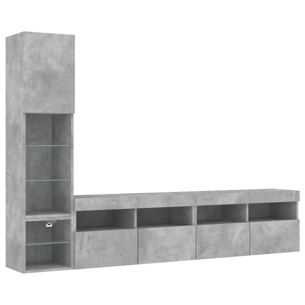 vidaXL Mobili TV a Muro con LED 4pz Grigio Cemento Legno Multistrato