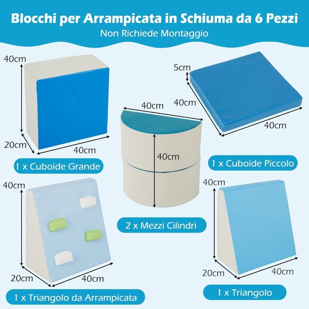 Set di blocchi da arrampicata in schiuma da 6 pezzi con chiusure a velcro, Set morbido leggero per arrampicare e strisciare Blu
