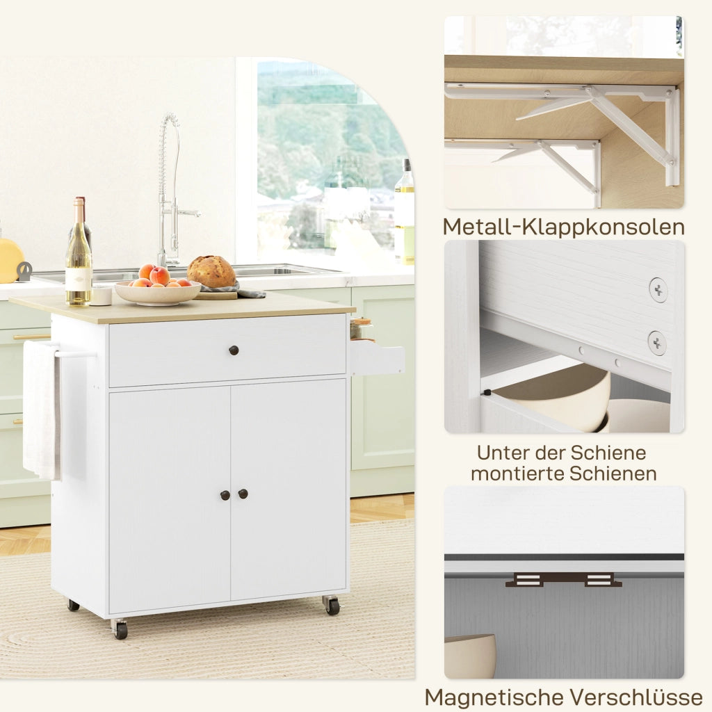 Carrello da Cucina con 1 Cassetto e 2 Ante; Piano Ribaltabile e Ripiano Regolabile; 106x42x87 cm; Bianco