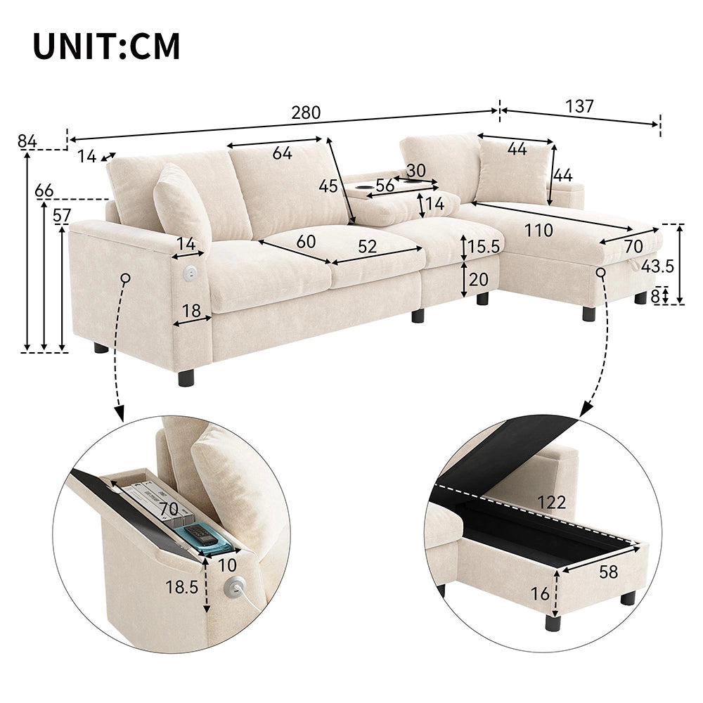 Divano angolare in L - Xylo - Chenille, USB-C, tavolo ribaltabile, beige