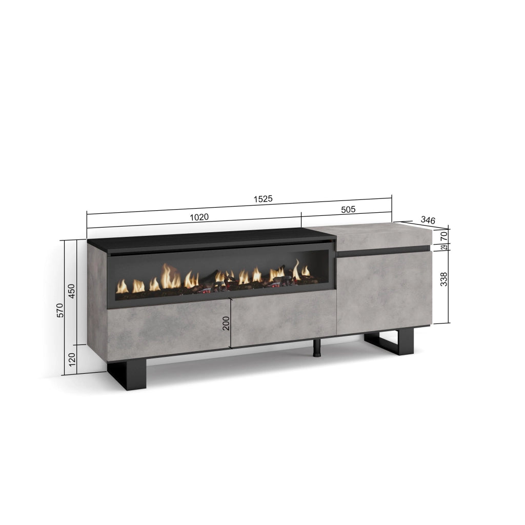 Mobile TV Soggiorno, 150x35x57cm, Per TV fino a 65", Camino elettrico, Design industriale, grigio cemento RF2467