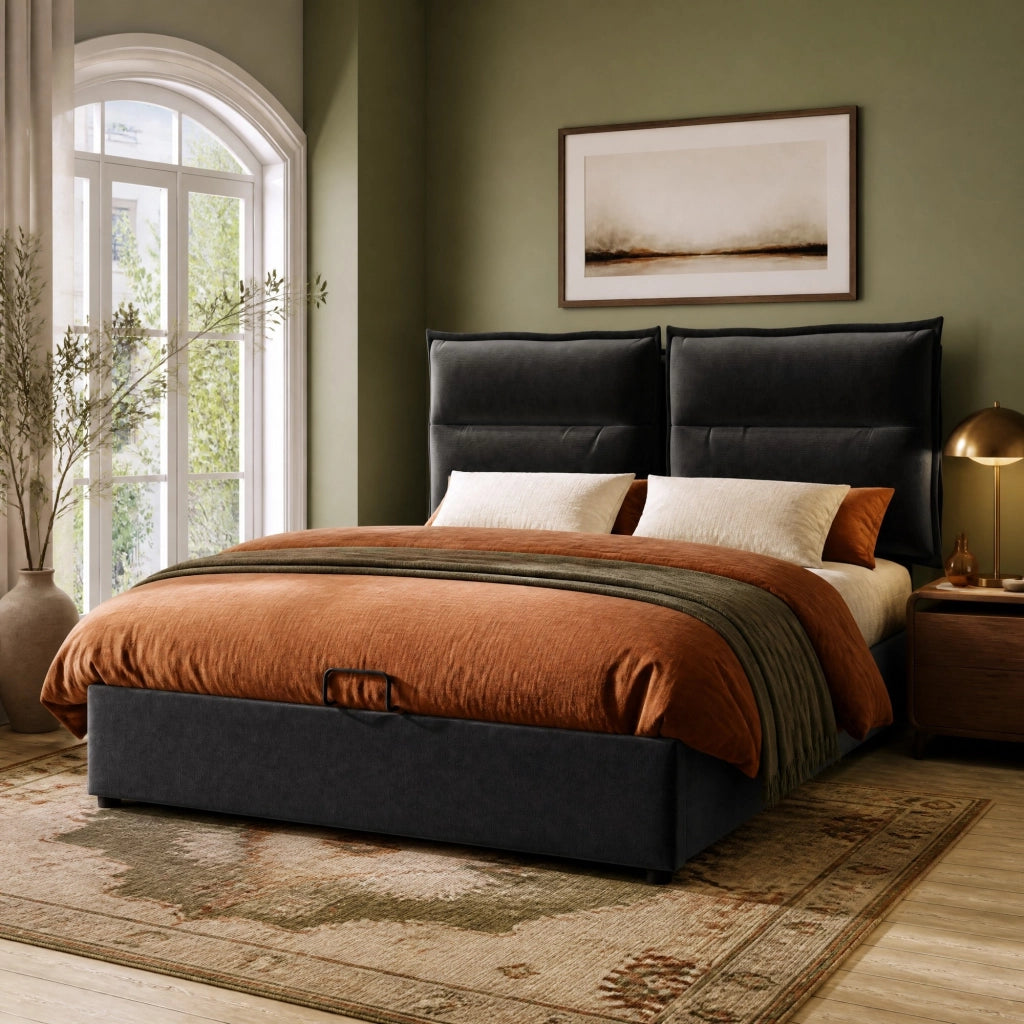 LETTO contenitore idraulico 140x200 cm con testiera regolabile, nero