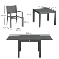 Set da Giardino con Tavolo Allungabile in Alluminio e 6 Sedie con Seduta Traspirante, Grigio