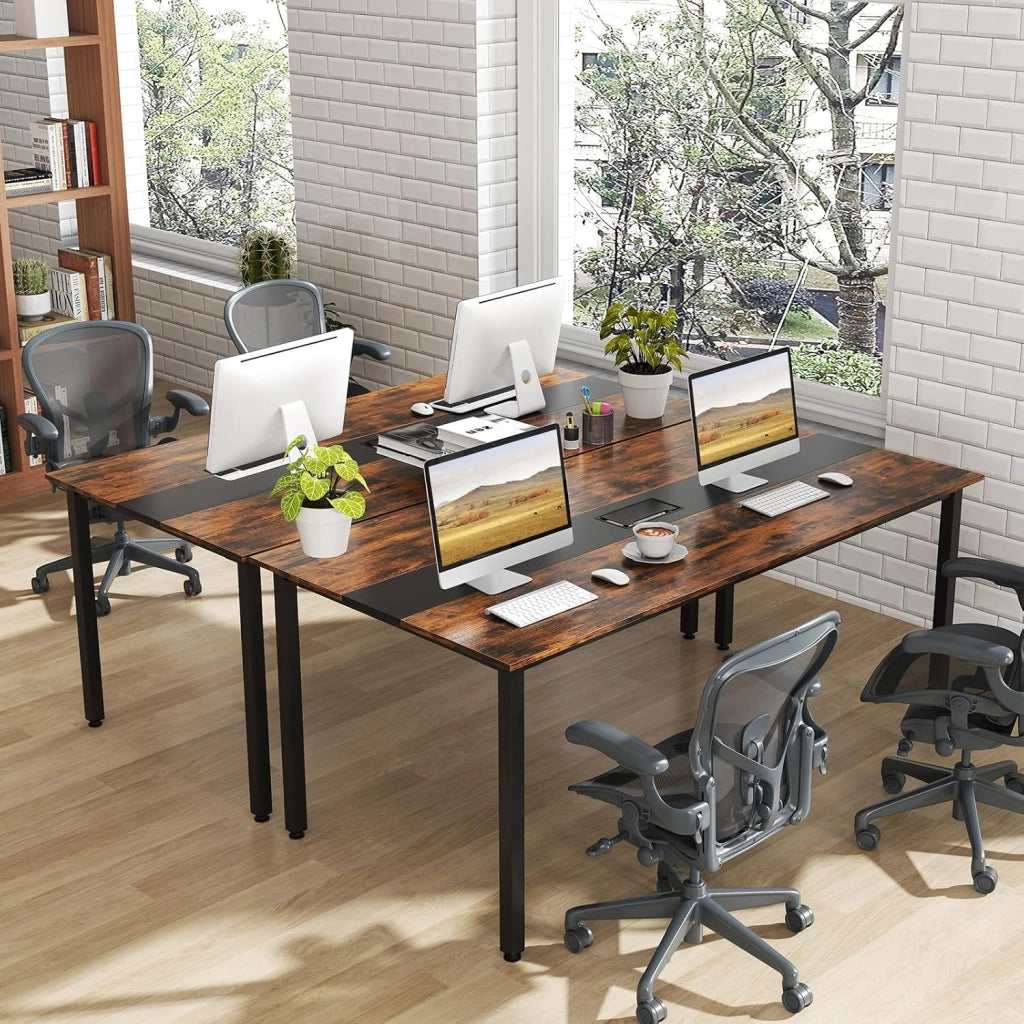 Tavolo da conferenza, 180 x 90 cm, con foro cavo, gambe in metallo, extra lungo, per sala riunioni, sala riunioni, marrone rustico, per 8-10 persone