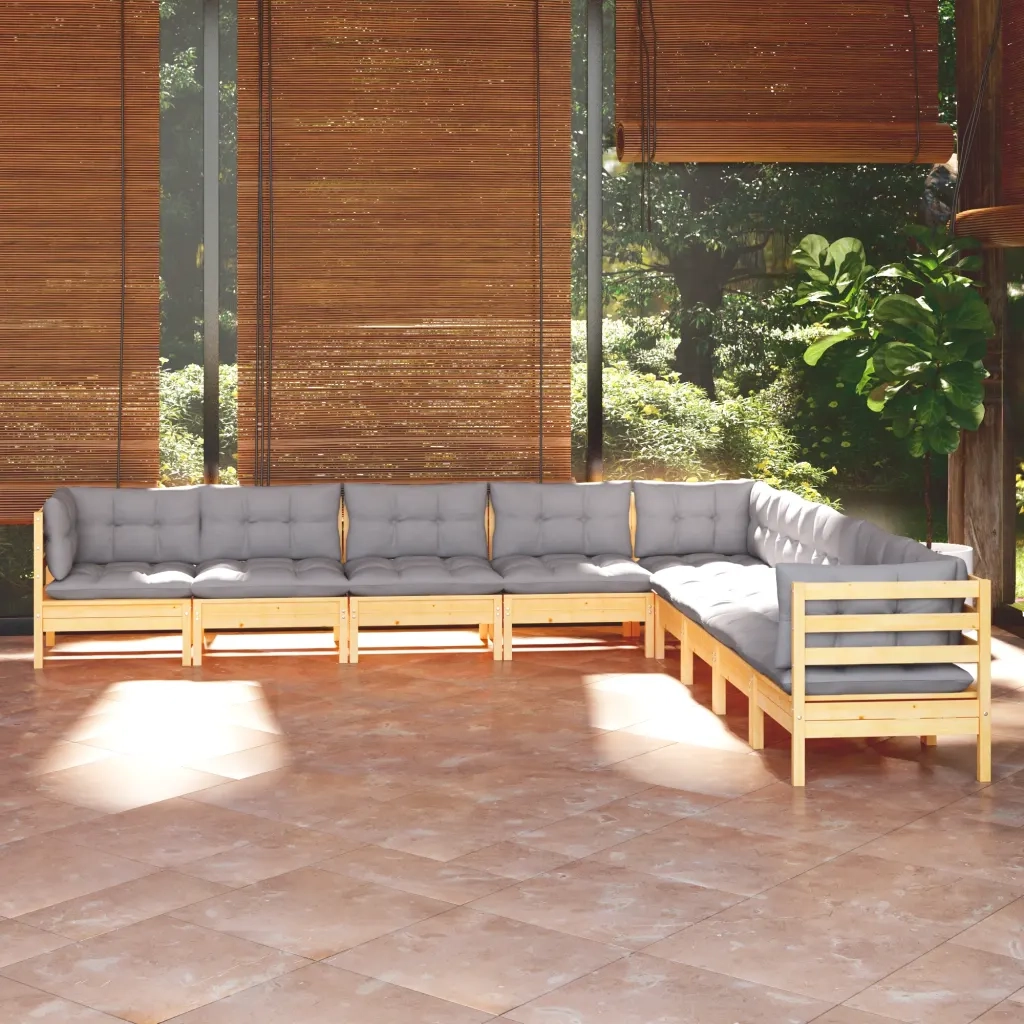 Set Divani da Giardino 9 pz con Cuscini Grigi Massello di Pino 3096814