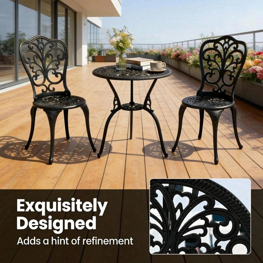 Soggiorno da giardino a 2 posti, tavolo da esterno e 2 sedie con schienale in alluminio pressofuso, foro per ombrellone, stile vintage, mobili da giardino 3 pezzi per terrazza, balcone, patio