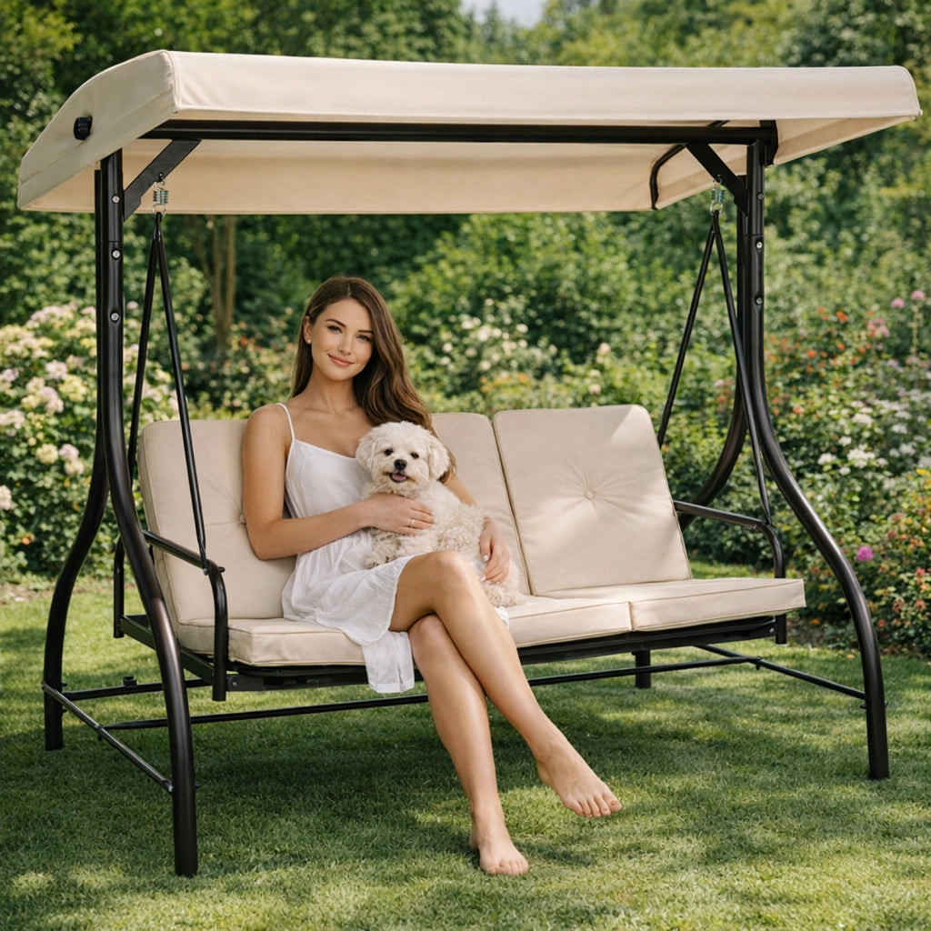 Dondolo Da Giardino 3 Posti Con Parasole E Seduta Reclinabile Trasformabile In Letto Struttura In Acciaio 195 x 120 x 175 Cm Beige