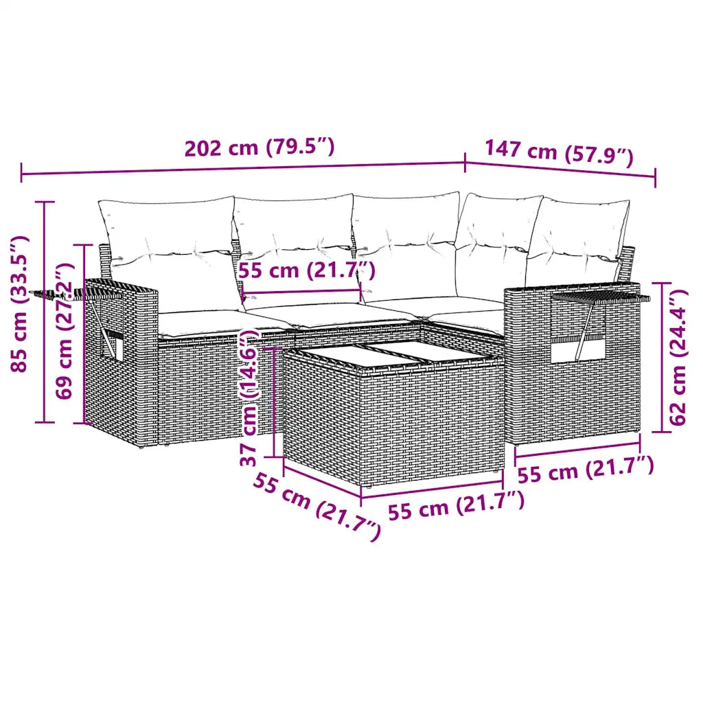 Set Divano da Giardino 5pz | Set Salotto da Giardino con Cuscini Grigio Chiaro Polyrattan