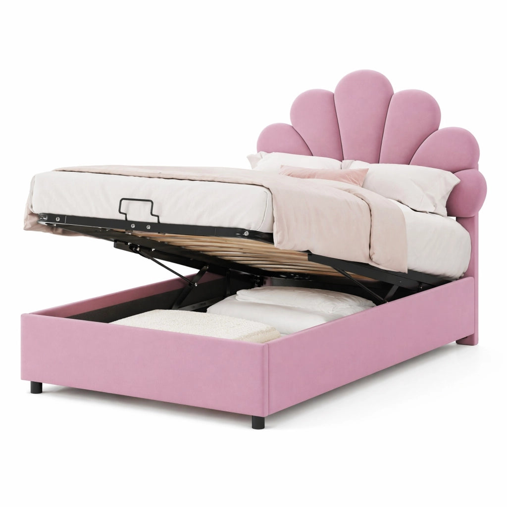 Letto singolo imbottito 90x200 cm in velluto rosa con contenitore idraulico e testiera decorativa