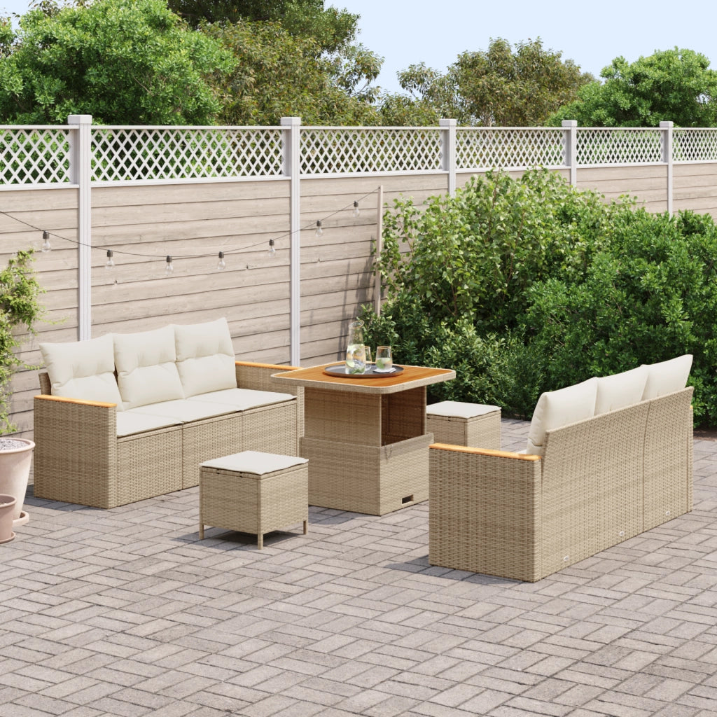 Set di divani da giardino a 9 pezzi con cuscini beige in rattan polietilene acacia