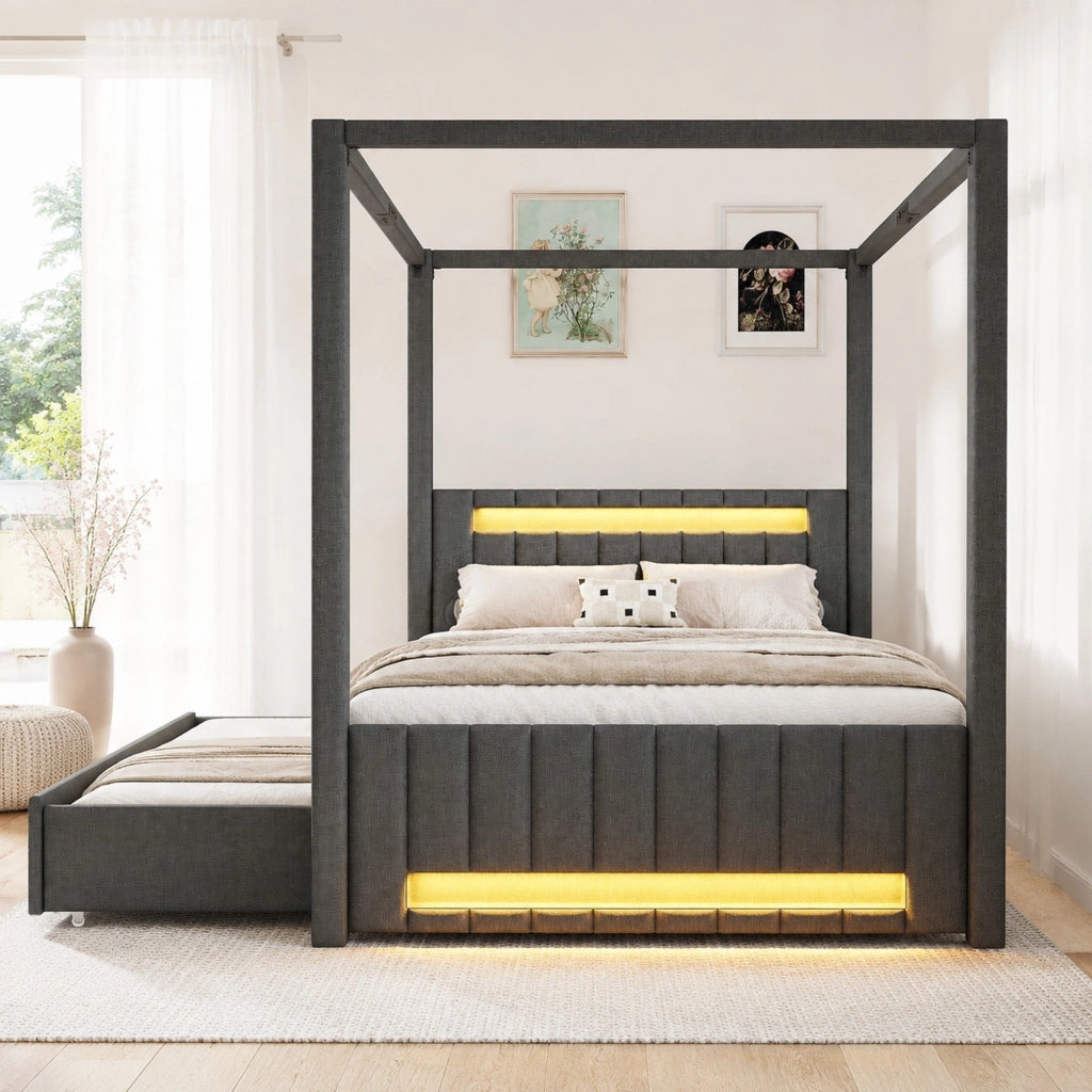 Letto a baldacchino imbottito 140x200 cm con letto estraibile e LED