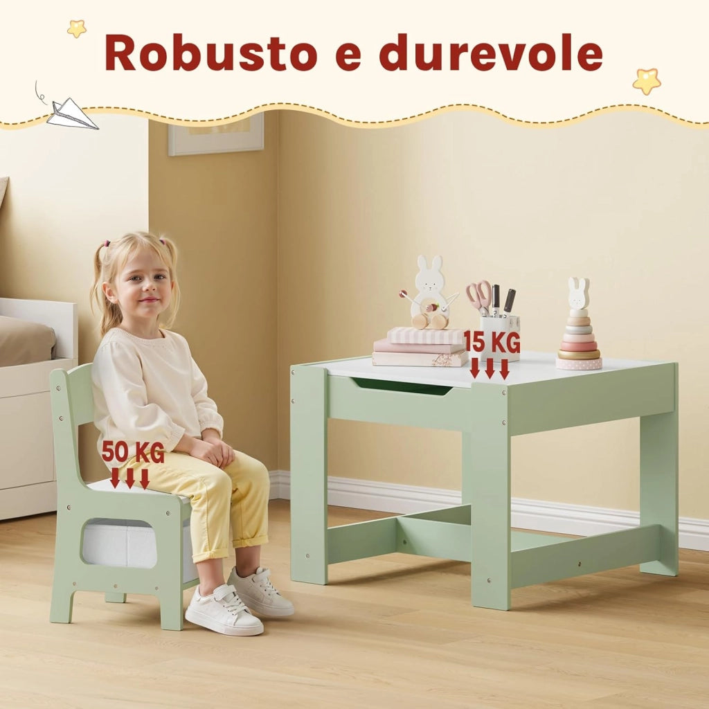 Set da Tavolino e Sedie per Bambini, Tavolo Bambini con 2 Sedie, Lavagna Reversibile, con Scomparto Nascosto e Scatole, per Cameretta, Asilo, Legno, Verde + Bianco