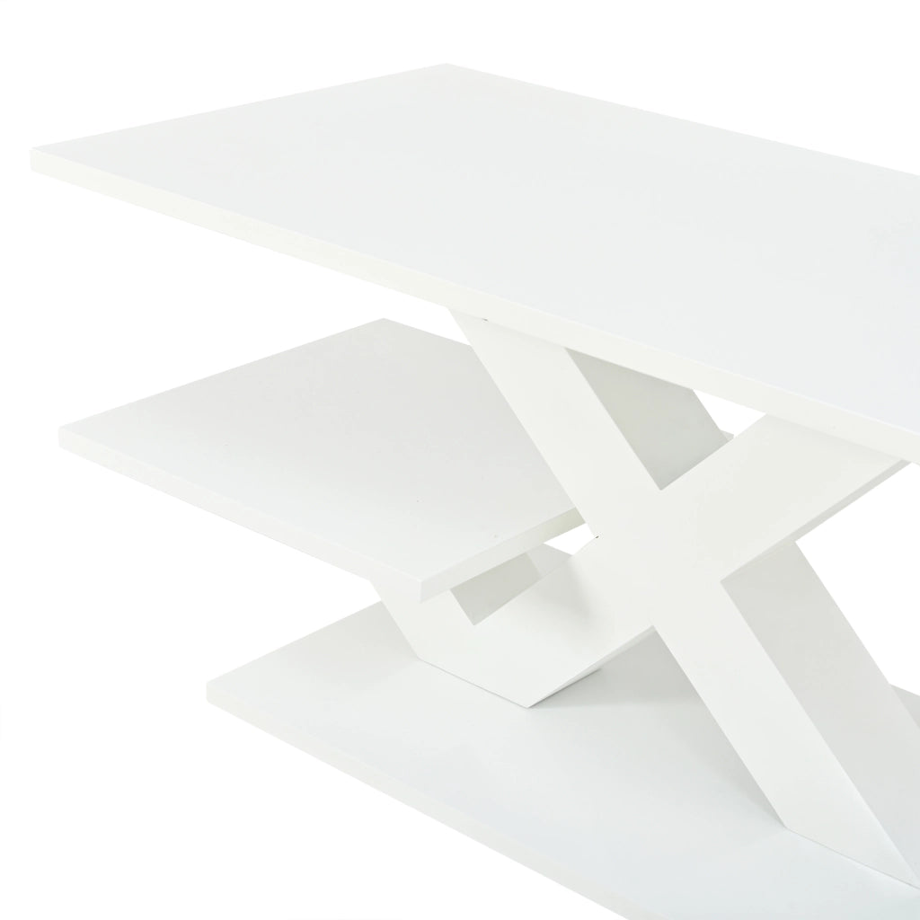 Tavolino lucido, piano a doppio livello, in MDF, con gambe a X, 100x48x45 cm, bianco