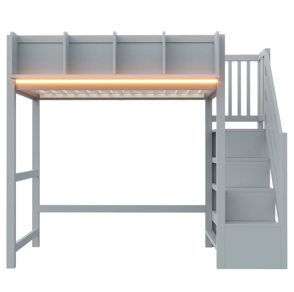 Letto a soppalco 90x200 cm in legno grigio con LED; sponde di sicurezza; ripiani e scala