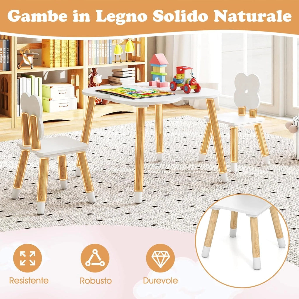 Set Tavolo per Bambini a Forma di Fiore, Tavolino e Sedia in Legno con 2 Sedie e Gambe in Legno di Pino Solido, Tavolino Bambini 3+ Anni per Disegno, Arte e Studio (Bianco)