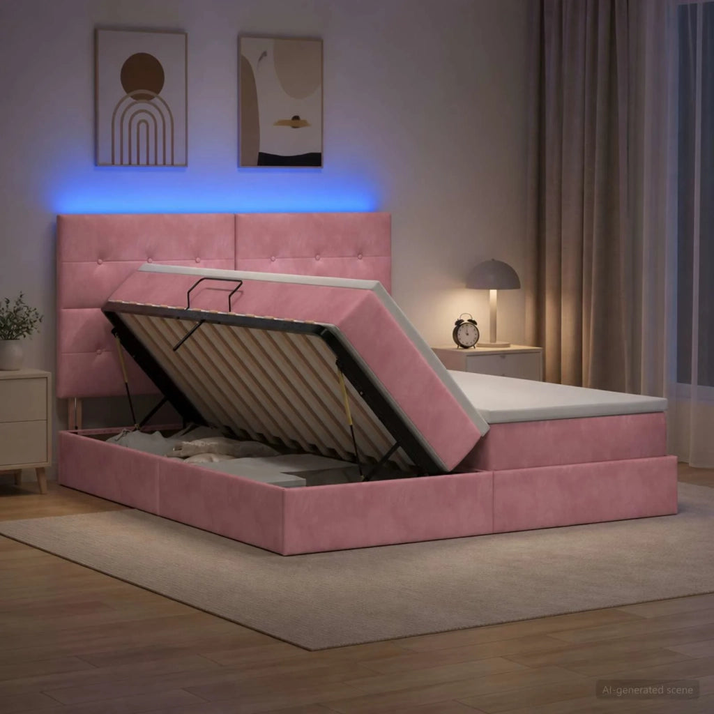 Letto con contenitore LED e materasso Rosa 200 x 200 cm Velluto 3460277