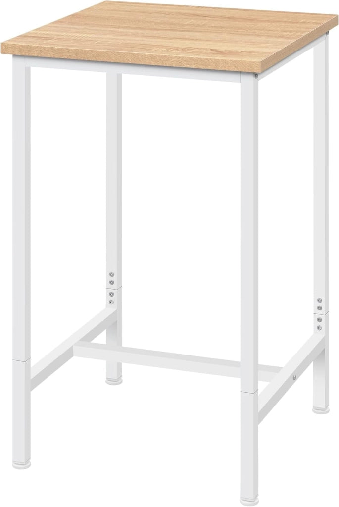 Tavolo da Bar Quadrato, Tavolo Cucina Alto, Tavolino in Metallo & Legno per Cucina, Soggiorno, Rovere Chiaro+Bianco