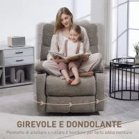 Poltrona Reclinabile 135° con Portabicchieri, in Schiuma, Acciaio e Tessuto Effetto Lino, 88x96x108 cm, Marrone