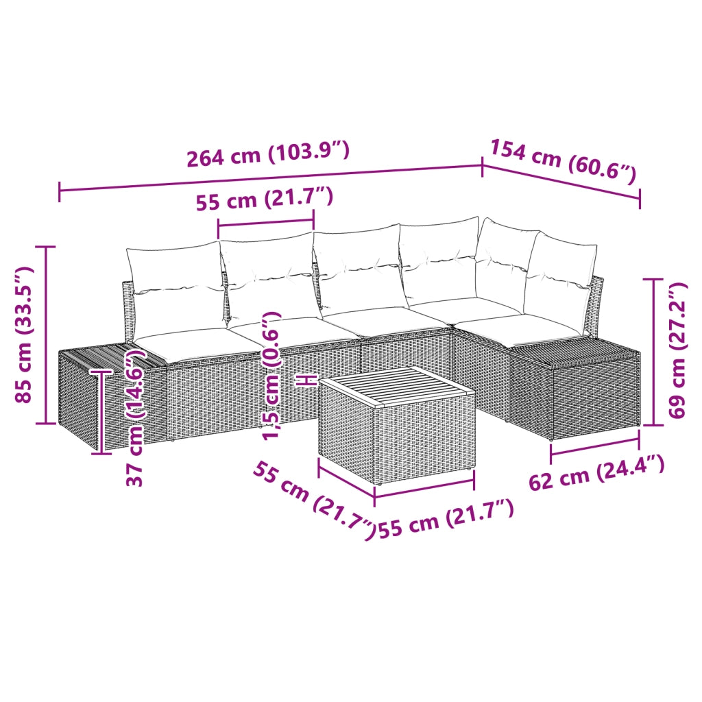 Set Divano da Giardino da 6 Pezzi con Cuscini Nero Polyrattan Acacia