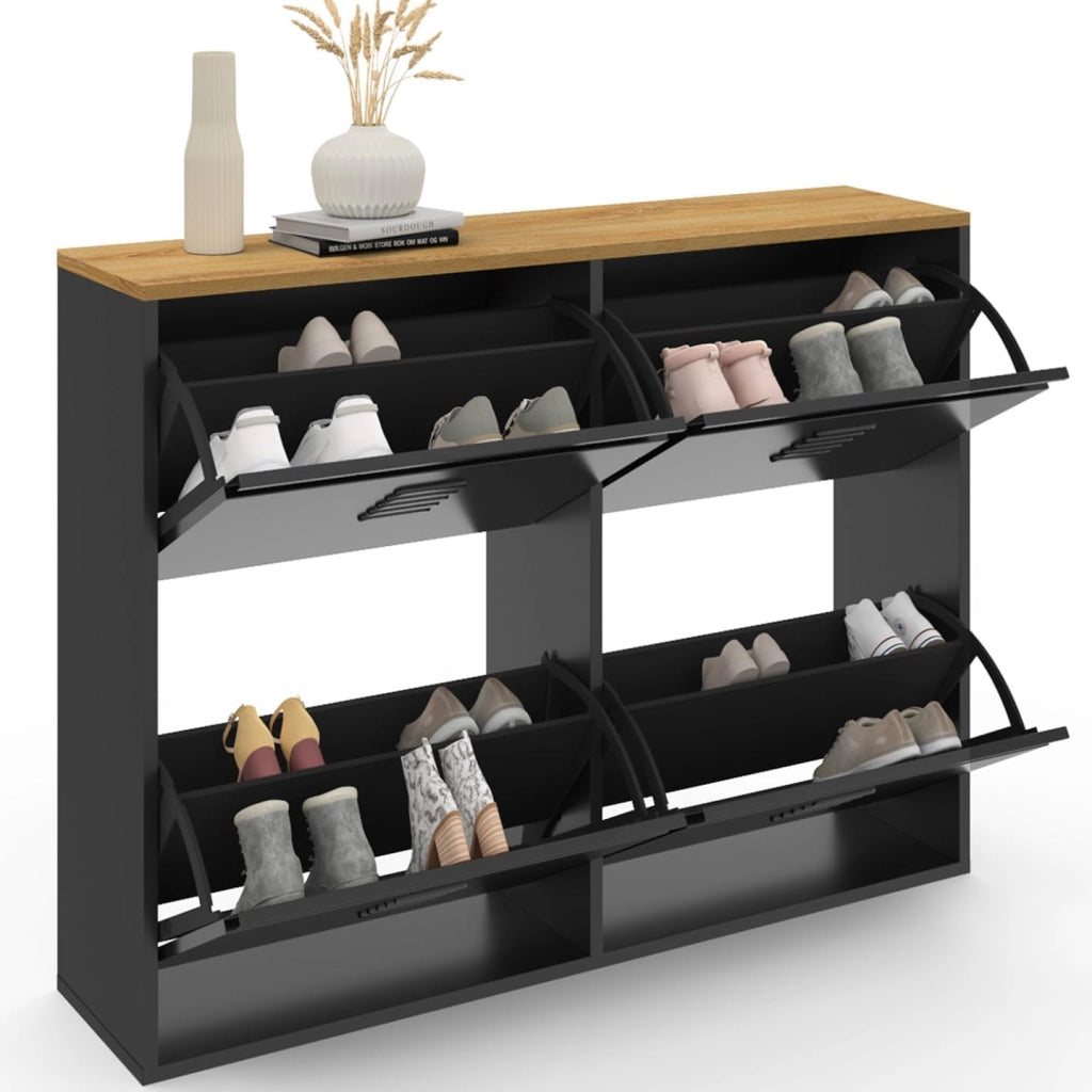 ESTER zapatero de metal negro de 4 puertas para 20 pares con tapa de madera de diseño industrial
