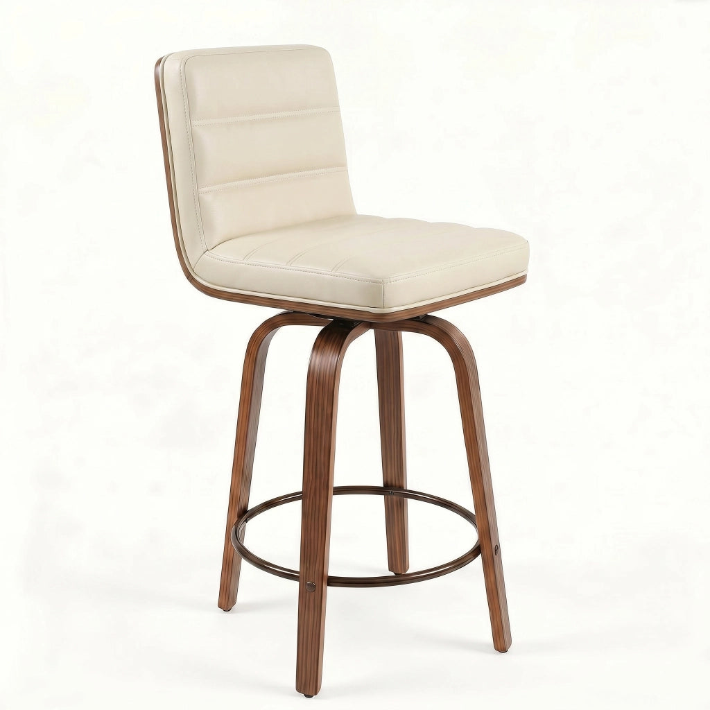 Sgabello da bar in pelle PU con schienale ergonomico, anello poggiapiedi e gambe in legno e metallo, crema