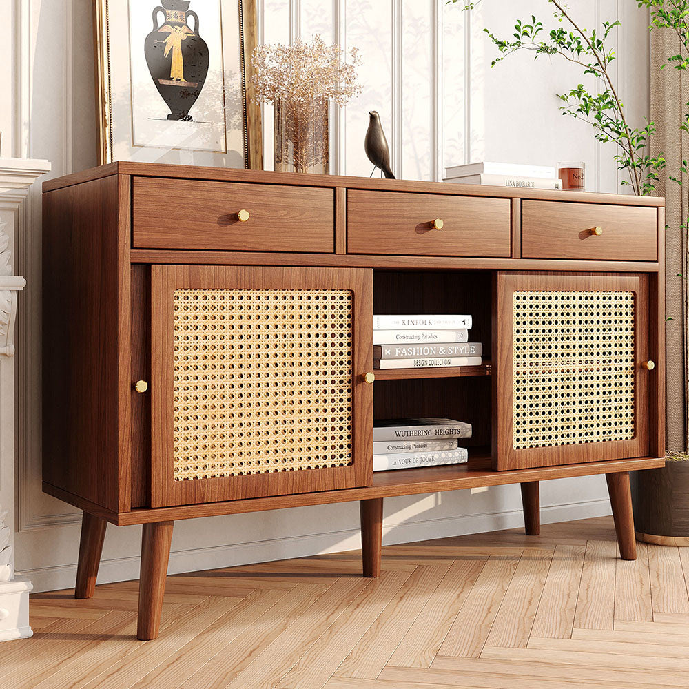 Buffet commode con facciate in rattano - Xylo - Marrone - Maniglia in metallo dorato ripiani regolabili