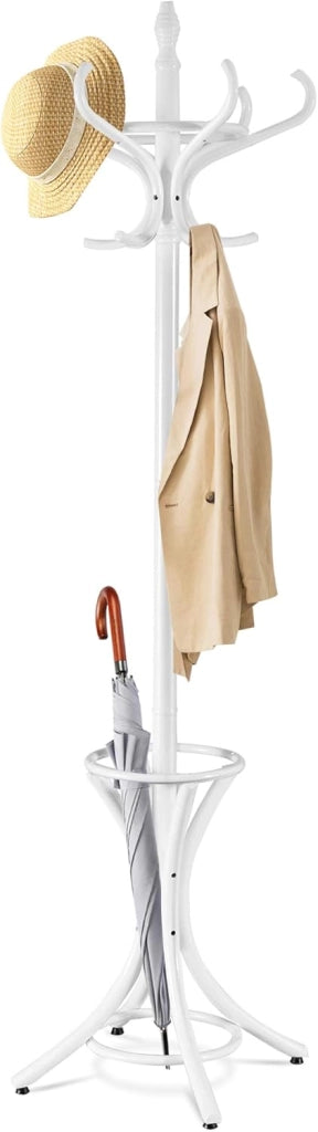 Appendiabiti da 184 cm, Scaffale per Abiti e Cappelli, Appendiabiti in Legno con 12 Ganci, Supporto per Ombrellone, Portabiti Autoportante, per Ingresso, Ufficio, Soggiorno (Grigio)