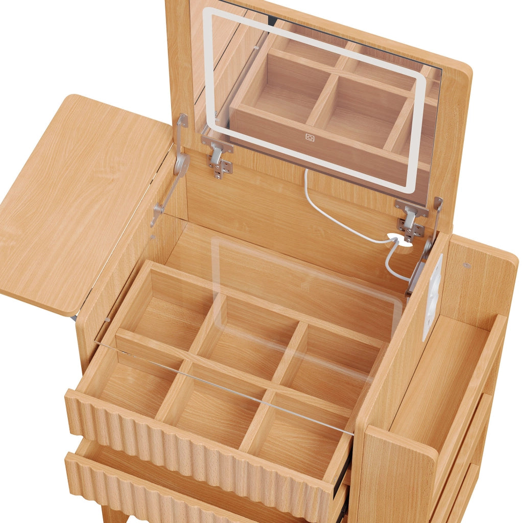 Toeletta compatta con specchio LED pieghevole, prese integrate e sedia con rotelle
